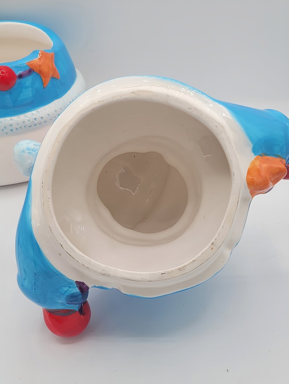 Blue Snowman Cookie Jar Ceramic Christmas Canister Homespun Holiday Winter Decor - Picture 10 of 15